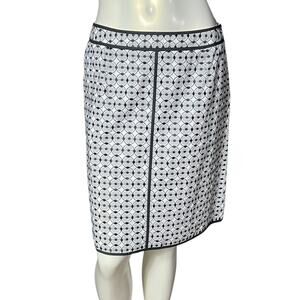 Talbots Petite Size 8 White Black Circle Pattern Cotton Pencil Skirt Embroidered
